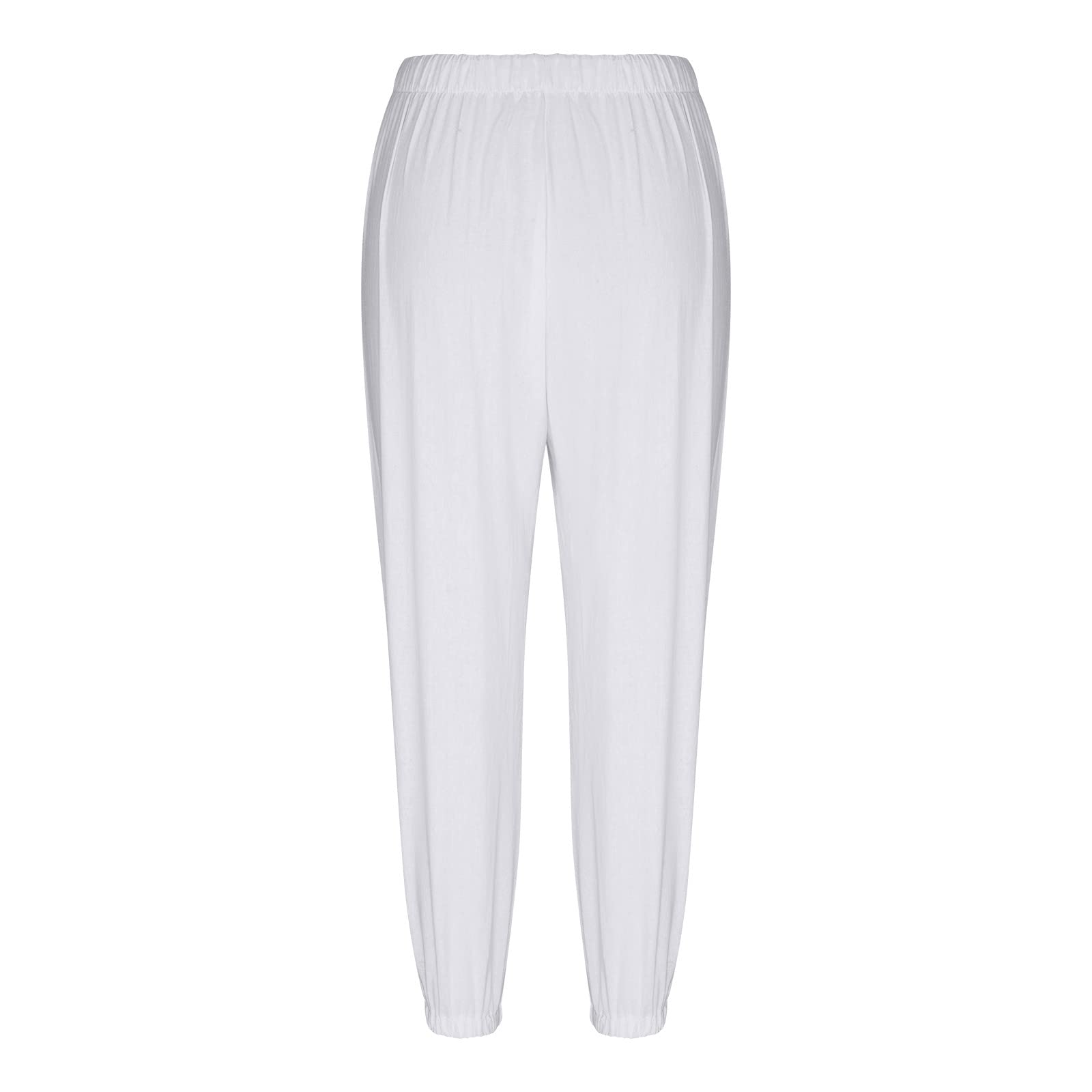 SUNYUAN Elastic Tie-up Waist Women's Trouses Comfy Cotton and Linen Ninth Pants with Pockets Summer Casual Button Front Pants White