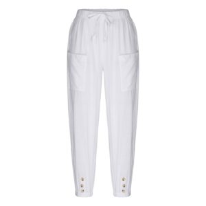 SUNYUAN Elastic Tie-up Waist Women's Trouses Comfy Cotton and Linen Ninth Pants with Pockets Summer Casual Button Front Pants White