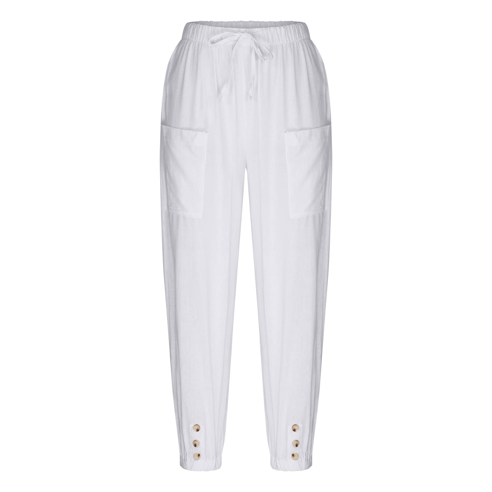 SUNYUAN Elastic Tie-up Waist Women's Trouses Comfy Cotton and Linen Ninth Pants with Pockets Summer Casual Button Front Pants White