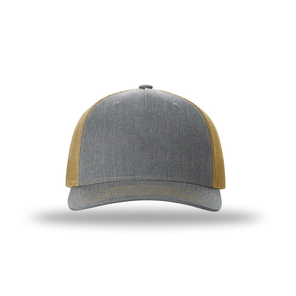 The Hat Pros | Richardson 112FP Five Panel Trucker Snapback Hat | 5 Panel Hats | OSFM (Heather Grey/Amber Gold)