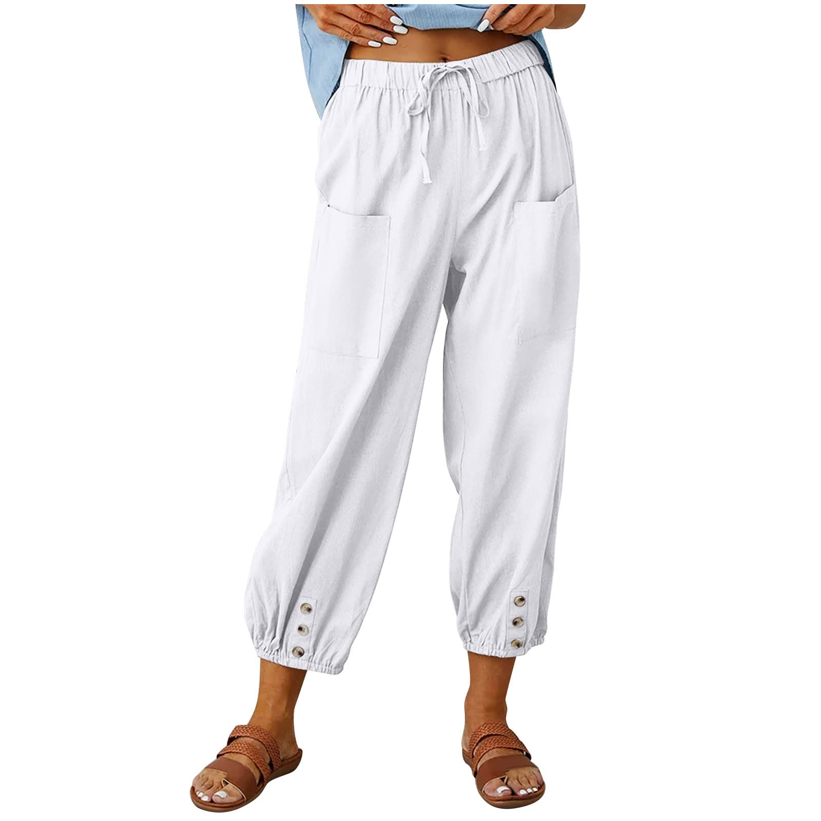 SUNYUAN Elastic Tie-up Waist Women's Trouses Comfy Cotton and Linen Ninth Pants with Pockets Summer Casual Button Front Pants White