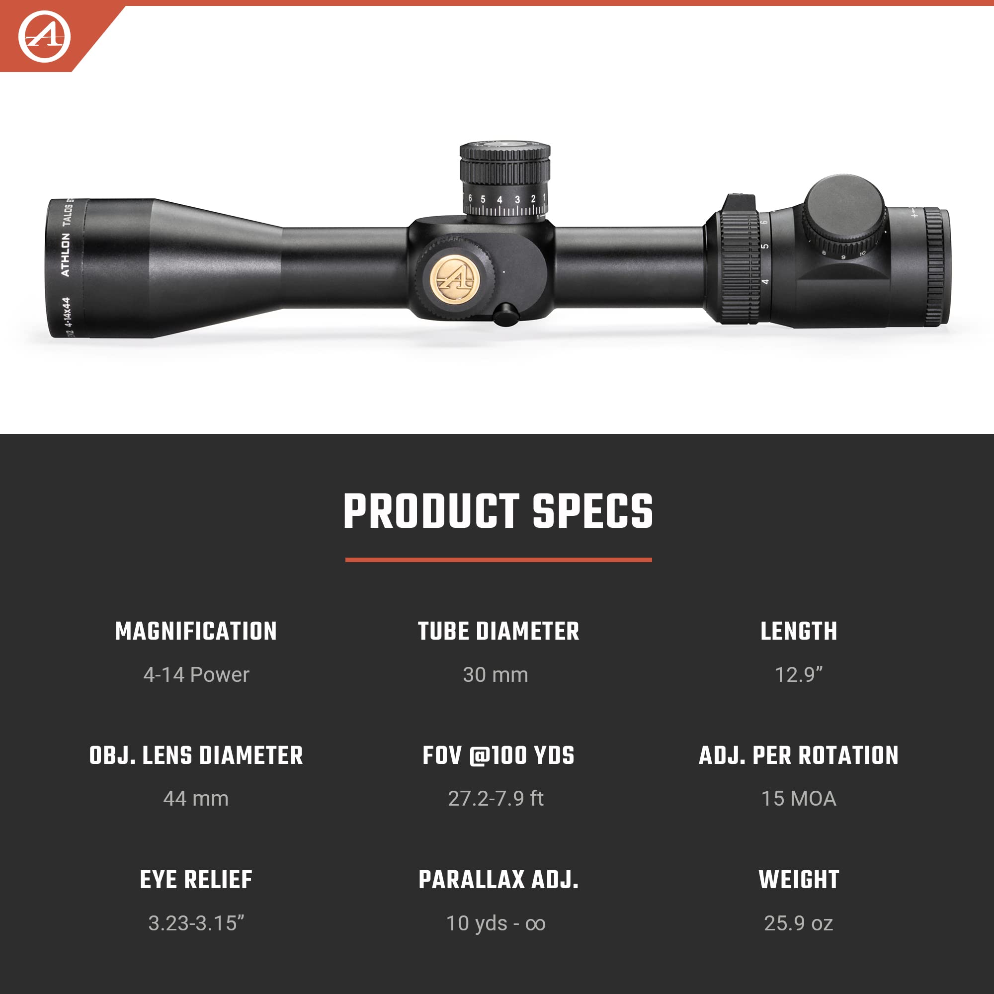 Athlon Optics 215030: Talos BTR 4-14X44, Gen2 Riflescope Direct Dial, Side Focus 30Mm Tube Ffp, Aplr10 Ffp Ir-Moa