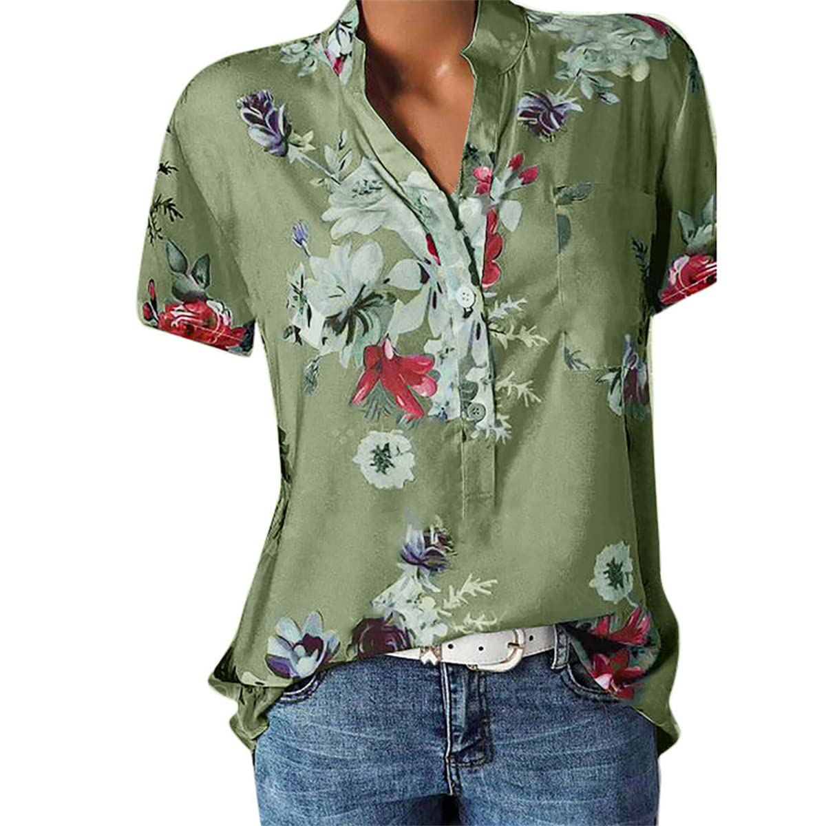 Floral Print Tops for Women 2023 Summer Button Down Short Sleeve T Shirts Casual Loose V Neck Blouses Dressy Tees