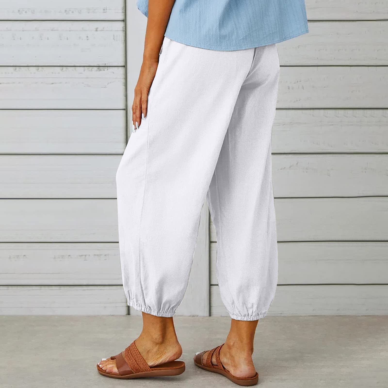 SUNYUAN Elastic Tie-up Waist Women's Trouses Comfy Cotton and Linen Ninth Pants with Pockets Summer Casual Button Front Pants White