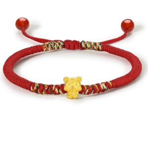 ZHOU LIU FU 24K Solid Gold Bracelet, Real Pure Gold Jewelry Charm Red Braided Bracelets Dainty Lucky Chinese Zodiac Tiger Ruyi Ingot Chain for Women Men Girlfriend