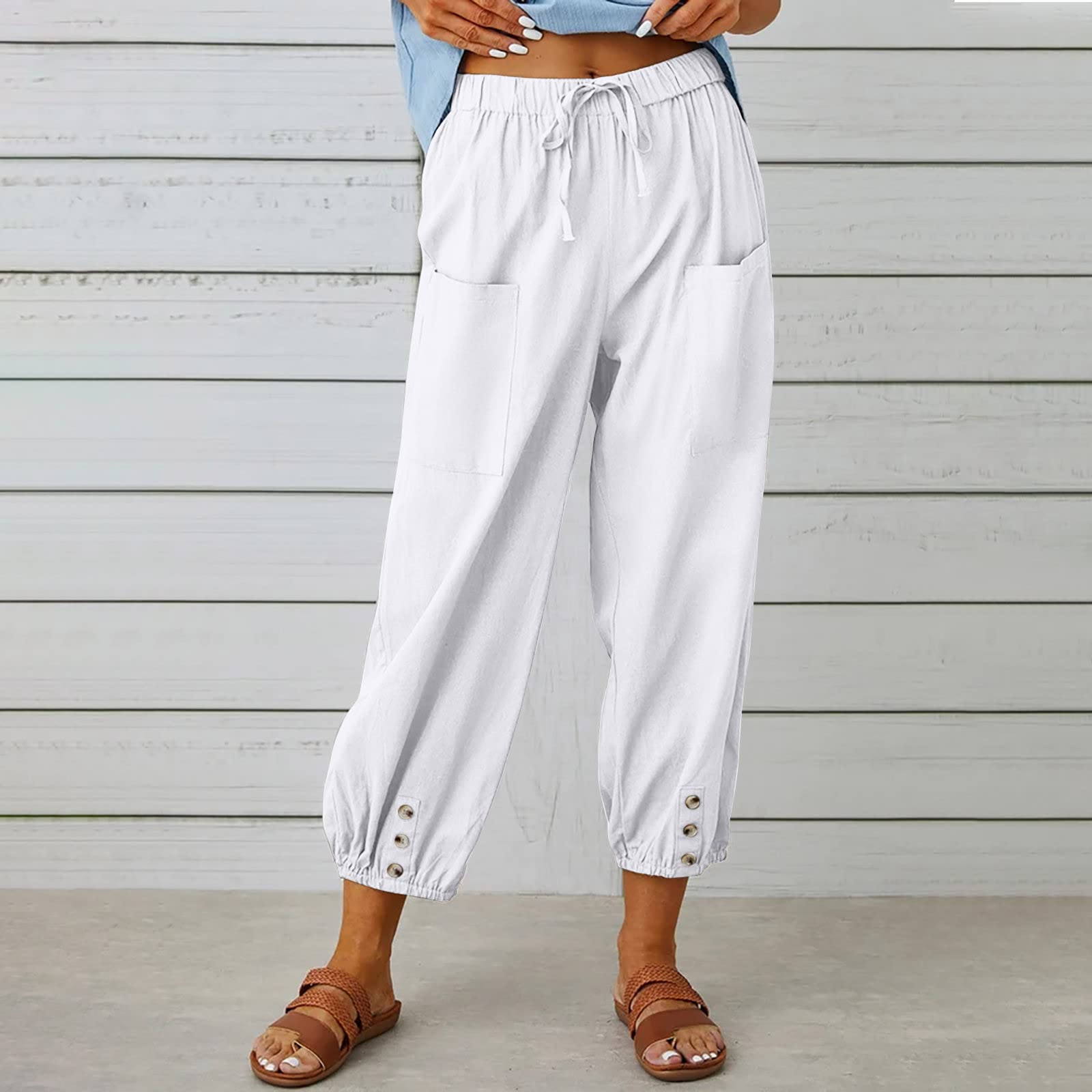 SUNYUAN Elastic Tie-up Waist Women's Trouses Comfy Cotton and Linen Ninth Pants with Pockets Summer Casual Button Front Pants White