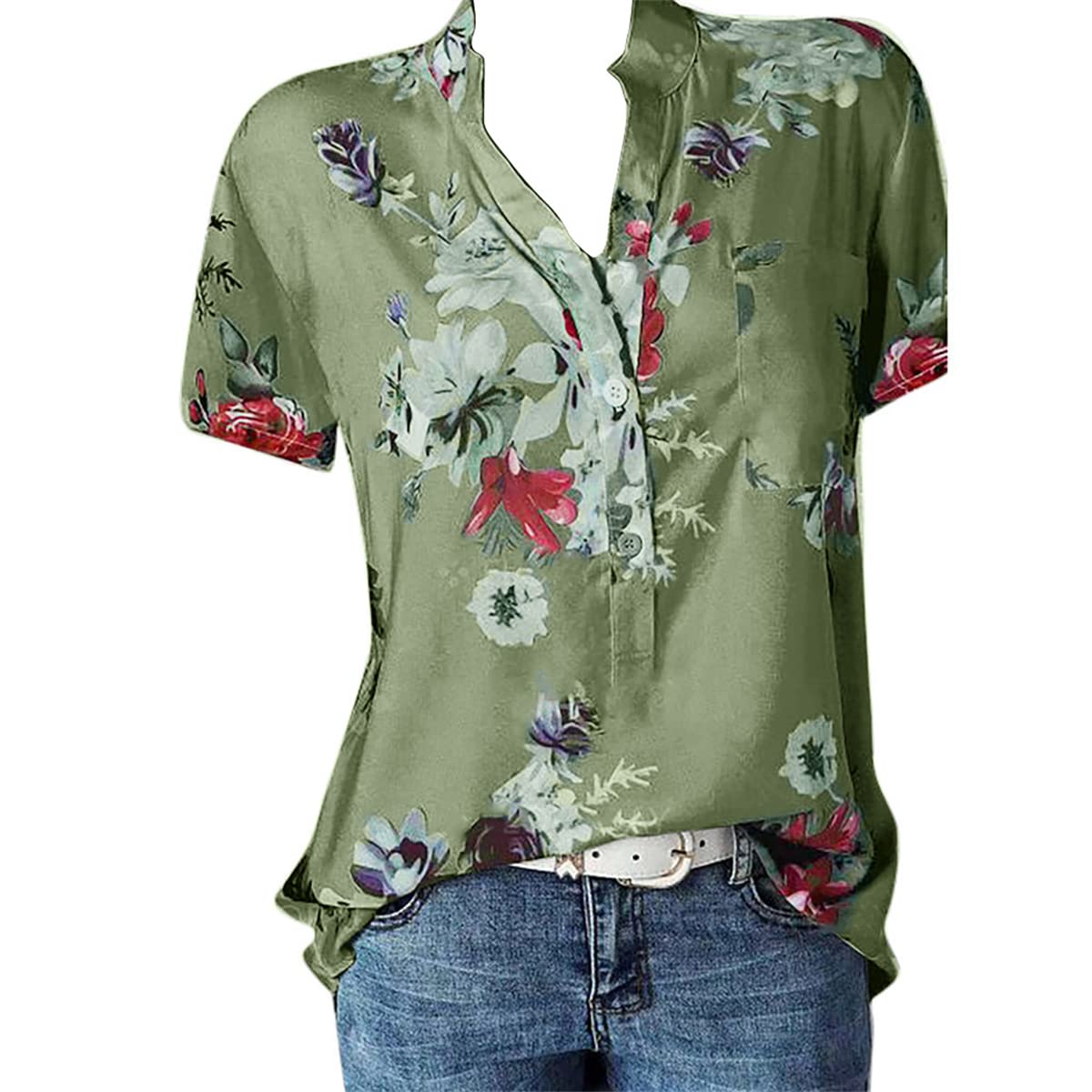 Floral Print Tops for Women 2023 Summer Button Down Short Sleeve T Shirts Casual Loose V Neck Blouses Dressy Tees