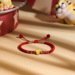 ZHOU LIU FU 24K Solid Gold Bracelet, Real Pure Gold Jewelry Charm Red Braided Bracelets Dainty Lucky Chinese Zodiac Tiger Ruyi Ingot Chain for Women Men Girlfriend