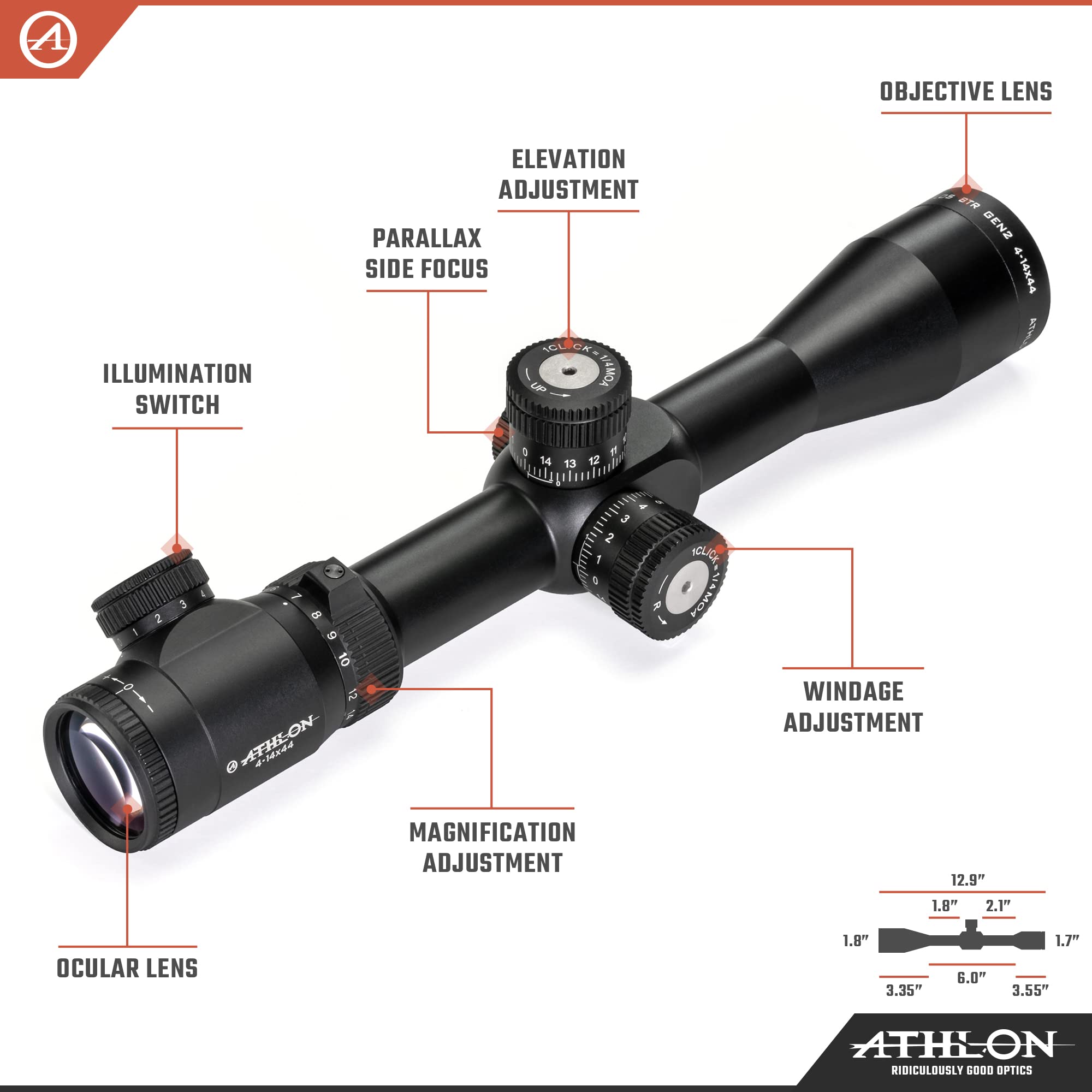 Athlon Optics 215030: Talos BTR 4-14X44, Gen2 Riflescope Direct Dial, Side Focus 30Mm Tube Ffp, Aplr10 Ffp Ir-Moa