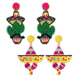 boderier 2 pairs cinco de mayo fiesta earrings colorful beaded sombrero fiesta cactus dangle earrings mexican holiday fiesta party favors jewelry gifts (fiesta cactus a)