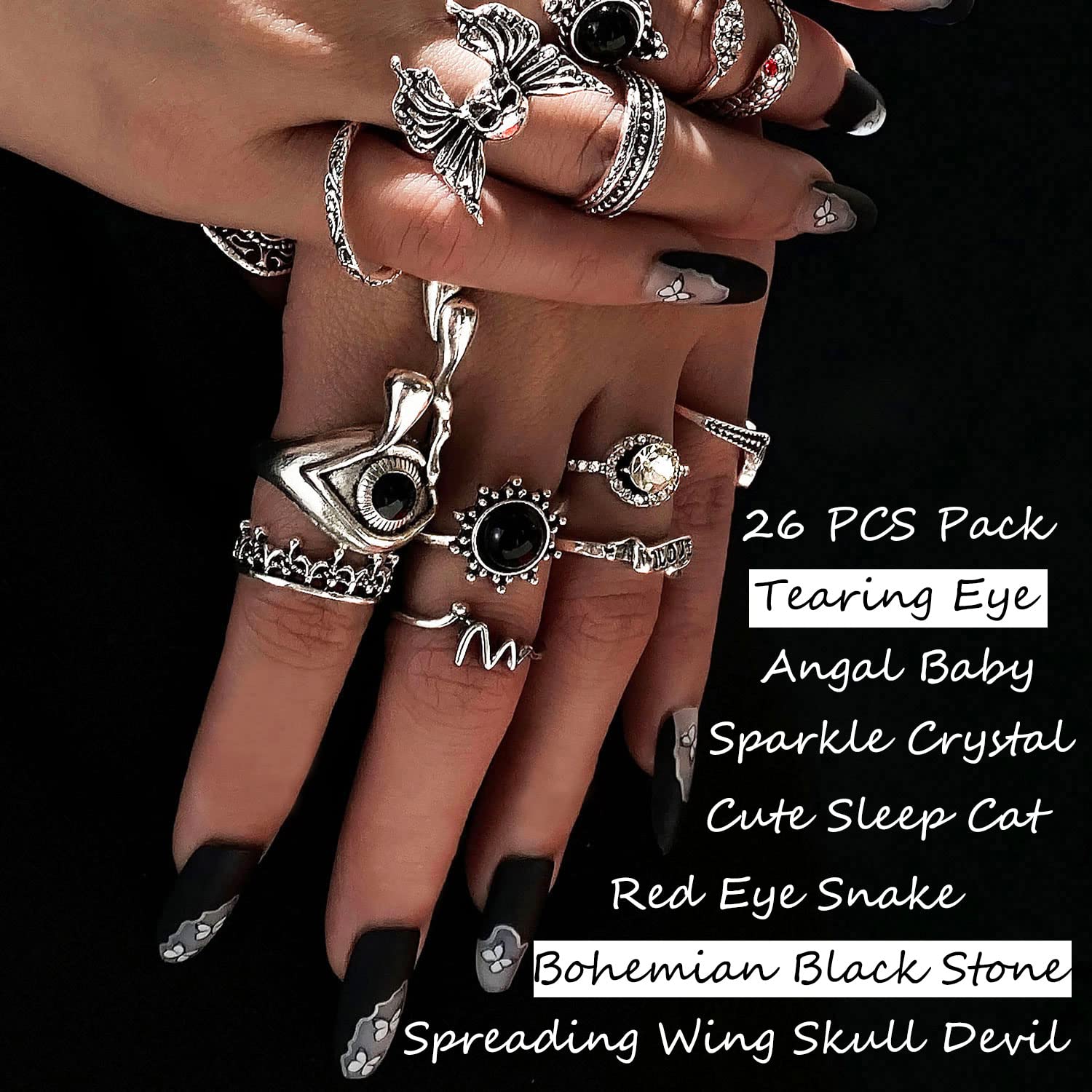 26 PCS Vintage Silver Goth Ring Set for Women Punk Boho Stackable Finger Knuckle Ring Pack Gothic Chunky Aesthetic Grunge adjustable Animal Devil Skull Angel Crying Eye Emo Retro Sparkle Crystal Rings