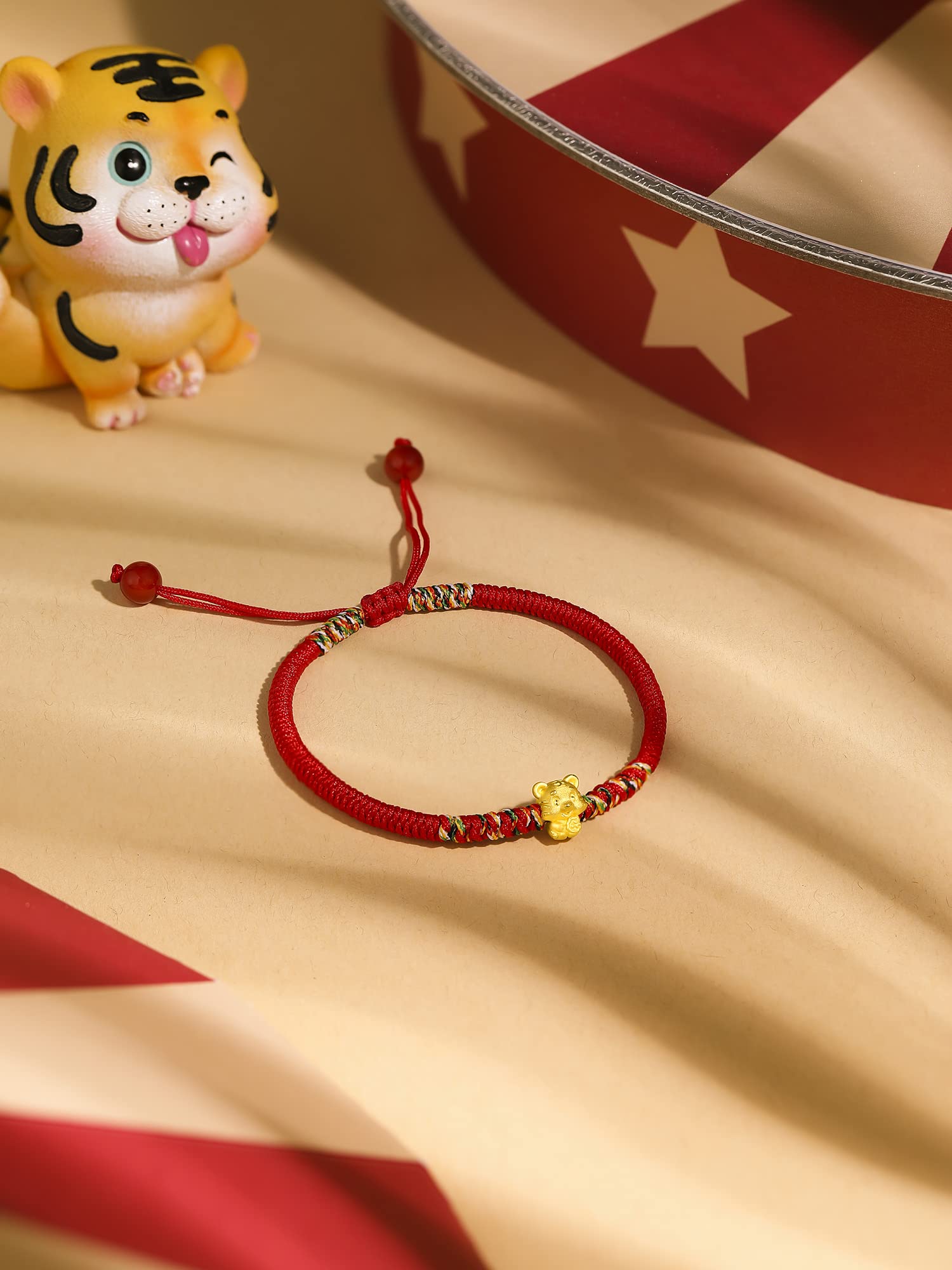 ZHOU LIU FU 24K Solid Gold Bracelet, Real Pure Gold Jewelry Charm Red Braided Bracelets Dainty Lucky Chinese Zodiac Tiger Ruyi Ingot Chain for Women Men Girlfriend