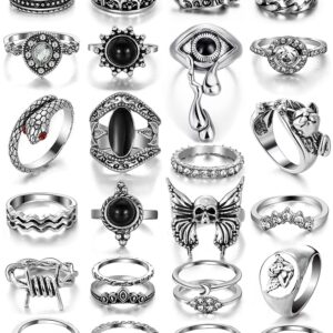 26 PCS Vintage Silver Goth Ring Set for Women Punk Boho Stackable Finger Knuckle Ring Pack Gothic Chunky Aesthetic Grunge adjustable Animal Devil Skull Angel Crying Eye Emo Retro Sparkle Crystal Rings