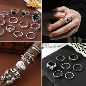 26 PCS Vintage Silver Goth Ring Set for Women Punk Boho Stackable Finger Knuckle Ring Pack Gothic Chunky Aesthetic Grunge adjustable Animal Devil Skull Angel Crying Eye Emo Retro Sparkle Crystal Rings