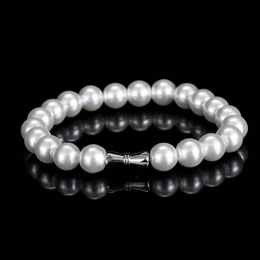 Apzzic Pearl Bracelet Round White Pearl Bracelet for Men Women Classic Handmade Bracelet 10mm 9inch