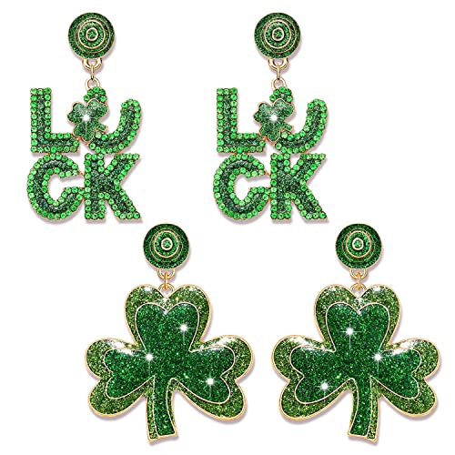 2 Pairs St. Patrick's Day Earrings for Women, Glitter Shamrock Earrings Green Irish Lucky Earrings, St. Patrick's Day Accessories Parade Party Favors Jewelry Gifts (2 Pairs A)