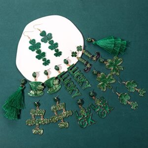 St Patricks Day Earrings Set, Green Shamrock Earrings for Women, Letter LUCKY Irish Earrings Layered Tassel Earrings, St. Patricks Day Accessories Holiday Jewelry Gifts (9 Pairs)