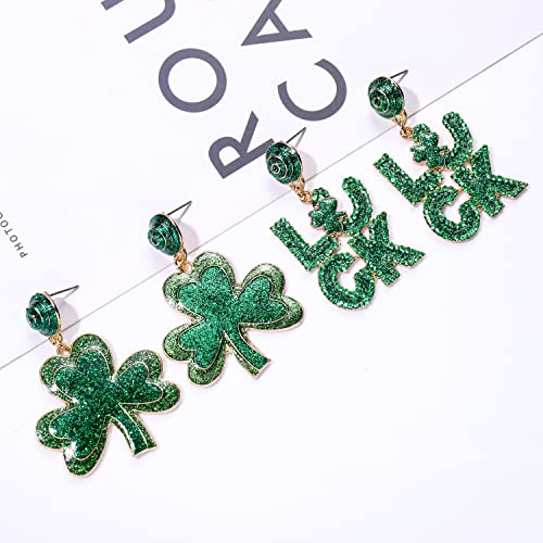 2 Pairs St. Patrick's Day Earrings for Women, Glitter Shamrock Earrings Green Irish Lucky Earrings, St. Patrick's Day Accessories Parade Party Favors Jewelry Gifts (2 Pairs A)