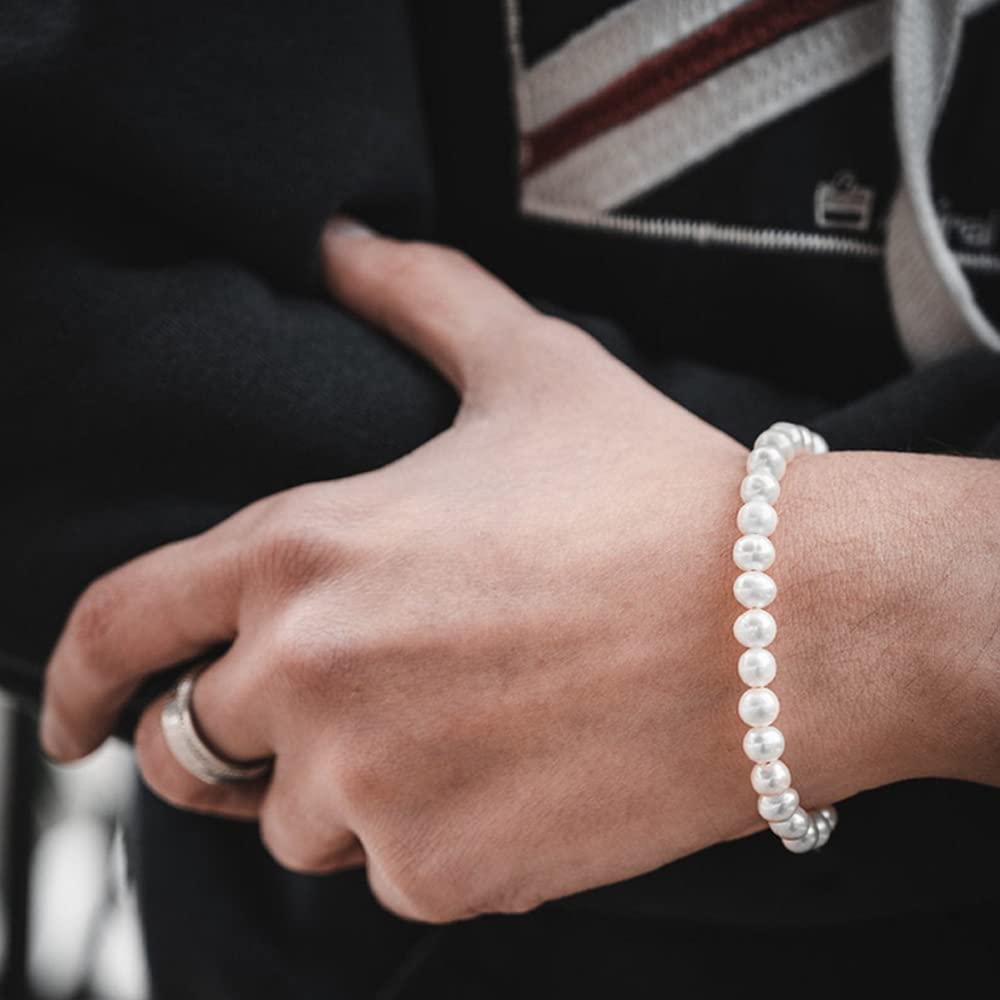 Apzzic Pearl Bracelet Round White Pearl Bracelet for Men Women Classic Handmade Bracelet 10mm 9inch