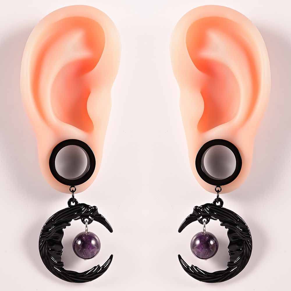 Atomhole 2PCS Moon Dangle Ear Tunnels Gauges 316 Stainless Steel Hypoallergenic Earrings Plugs Expanders for Stretched Piercing Body Jewelry (10mm(00G), Black)