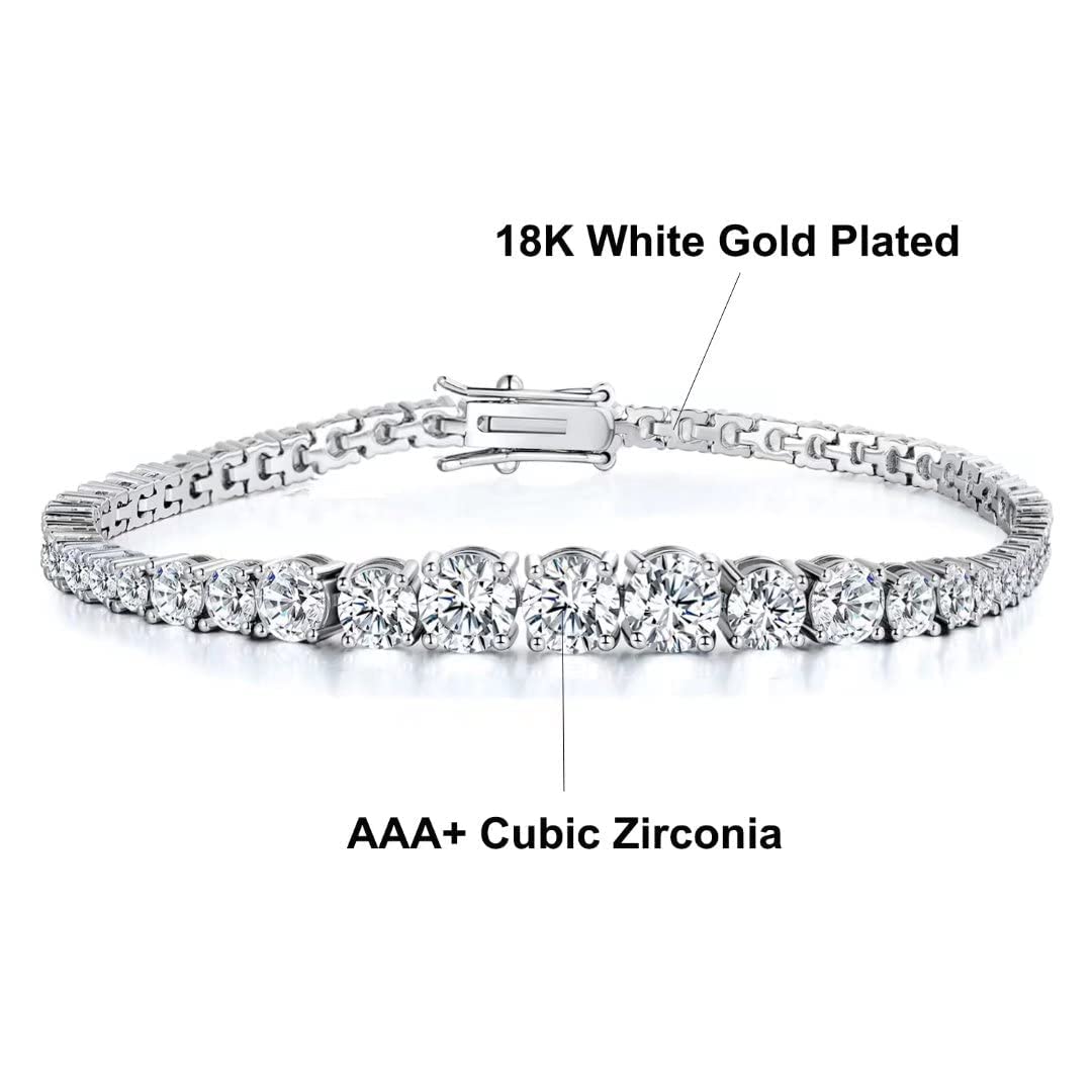 Graduated Cubic Zirconia Tennis Bracelet for Women Men 18K White Gold Plated Graduated CZ Bracelet Size 7.5 inches