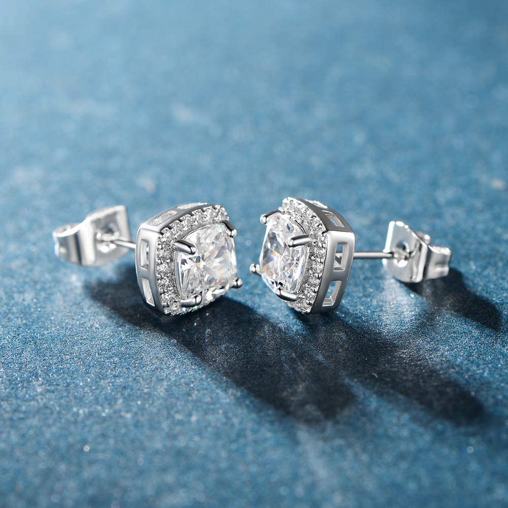 18K White Gold Plated Stud Earrings Round Square Cut Cubic Zirconia Halo Earrings for Women Men Sensitive Ears (2 Pairs)