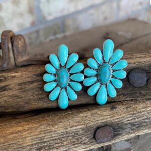 Bohemian Western Natural Turquoise Geometric Flower Drop Dangle Earrings Ethnic Teardrop for Women Statement Cowgirl Ethnic Boho Jewelry-1