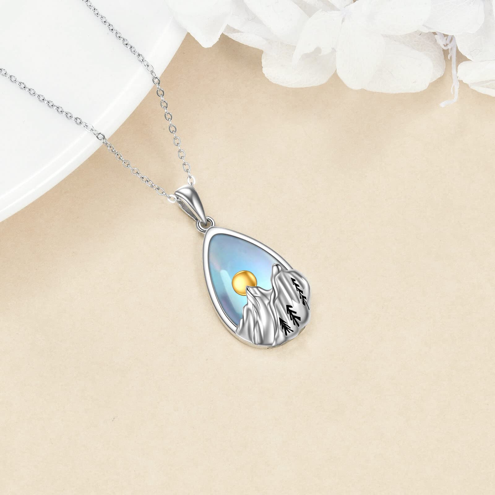 YFN Sterling Silver Moonstone Mountain Pendant Necklace Nature Jewelry Gift for Skiers, Hikers, Campers, Climbers and Nature Lovers