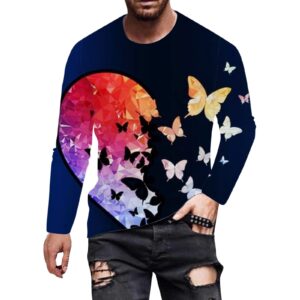 3D Shirt for Men Long Sleeve T-Shirt Graphic Summer Print Slim-Fit Crew Neck Casual Pullover Tee Shirts (Blue, XXL)