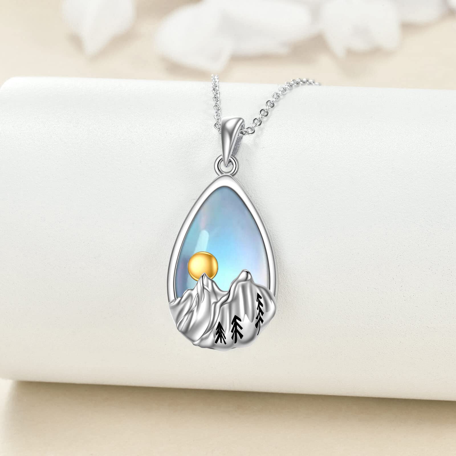 YFN Sterling Silver Moonstone Mountain Pendant Necklace Nature Jewelry Gift for Skiers, Hikers, Campers, Climbers and Nature Lovers