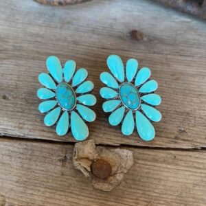 Bohemian Western Natural Turquoise Geometric Flower Drop Dangle Earrings Ethnic Teardrop for Women Statement Cowgirl Ethnic Boho Jewelry-1