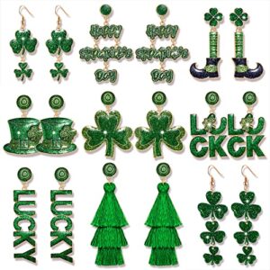 st patricks day earrings set, green shamrock earrings for women, letter lucky irish earrings layered tassel earrings, st. patricks day accessories holiday jewelry gifts (9 pairs)