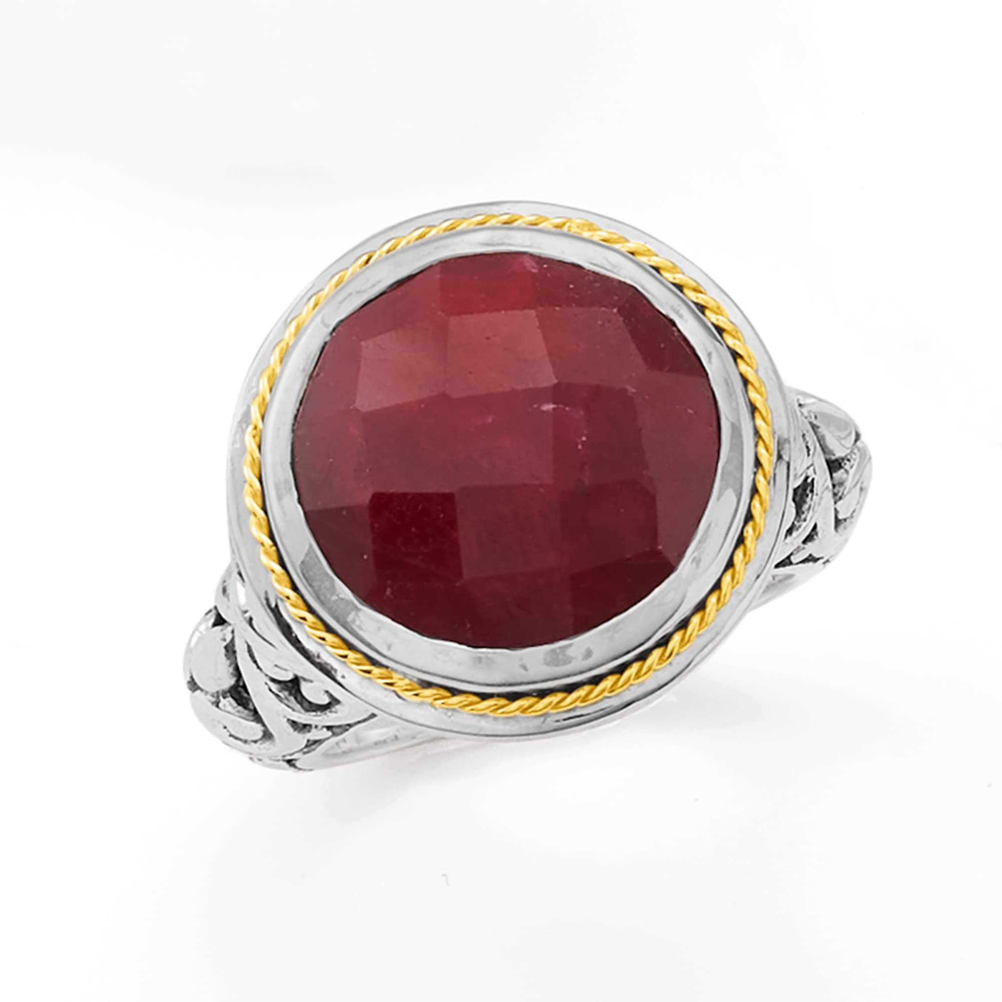 Ross-Simons 15.00 Carat Ruby Bali-Style Ring in Sterling Silver With 18kt Yellow Gold. Size 7