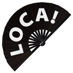 Loca! hand fan foldable bamboo circuit hand fan funny gag slang words expressions statement gifts Festival accessories Rave handheld Circuit event fan Clack fans (Black)