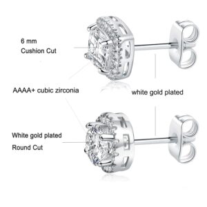 18K White Gold Plated Stud Earrings Round Square Cut Cubic Zirconia Halo Earrings for Women Men Sensitive Ears (2 Pairs)