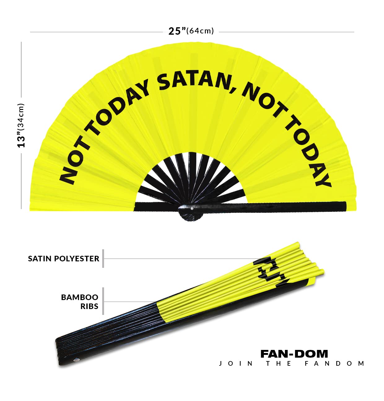 Not Today Satan, Not Today hand fan foldable bamboo circuit hand fan funny gag slang words expressions statement gifts Festival accessories Rave handheld Circuit event fan Clack fans (Yellow)