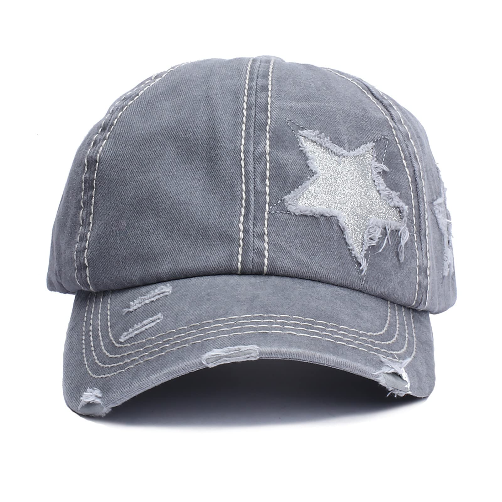 Women Star Sequins Baseball Caps Relaxed Adjustable Ponytail Messy Buns Ponycaps Backless Worn Holes (Grey, One Size)