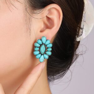 Bohemian Western Natural Turquoise Geometric Flower Drop Dangle Earrings Ethnic Teardrop for Women Statement Cowgirl Ethnic Boho Jewelry-1