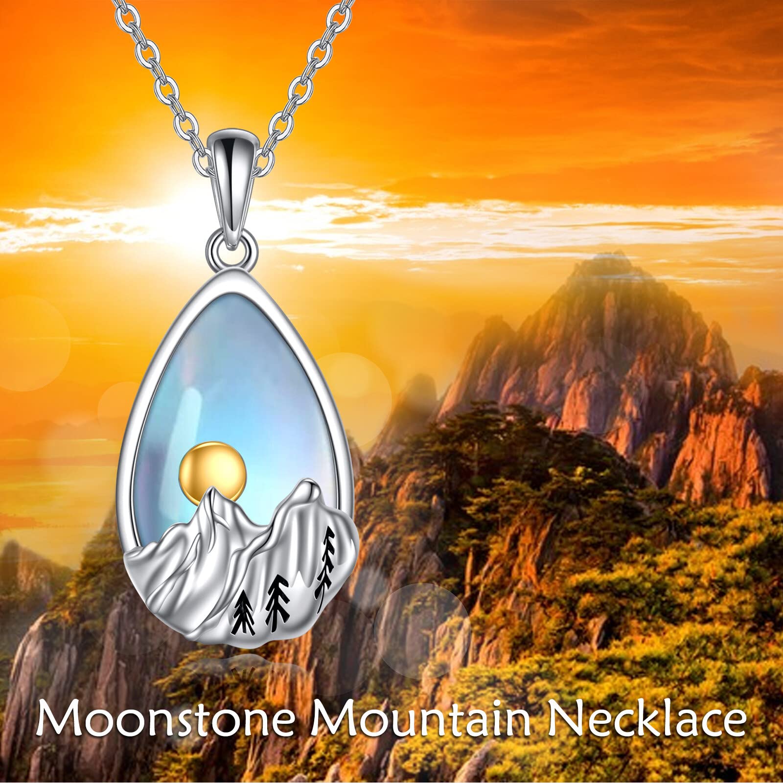 YFN Sterling Silver Moonstone Mountain Pendant Necklace Nature Jewelry Gift for Skiers, Hikers, Campers, Climbers and Nature Lovers