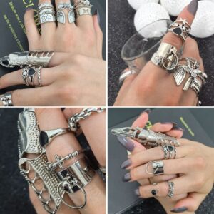 ZELORES 16Pcs Vintage Silver Knuckle Rings for Men Women Adjustable Open Chain Finger Rings Y2K Gothic Punk Stackable Ring Set