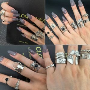 ZELORES 16Pcs Vintage Silver Knuckle Rings for Men Women Adjustable Open Chain Finger Rings Y2K Gothic Punk Stackable Ring Set