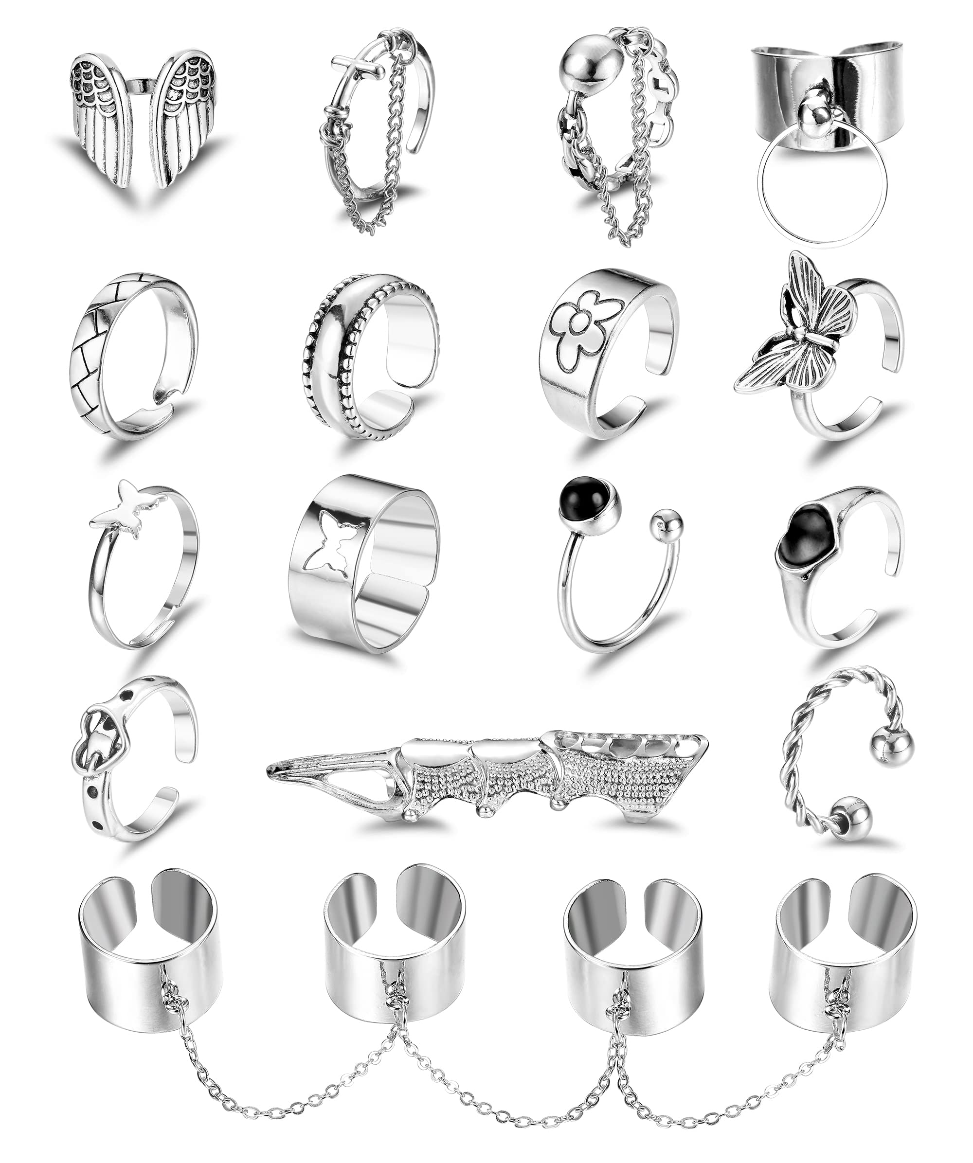 ZELORES 16Pcs Vintage Silver Knuckle Rings for Men Women Adjustable Open Chain Finger Rings Y2K Gothic Punk Stackable Ring Set