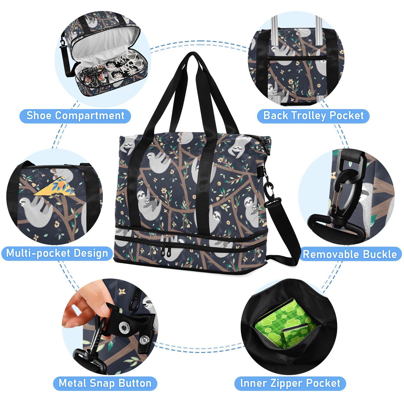 Sloths Duffel Gym Bag for Women Sports Travel Duffel Bag Sports Gym Bag with Shoes Compartment Mom Hospital Bag for Gym Yoga