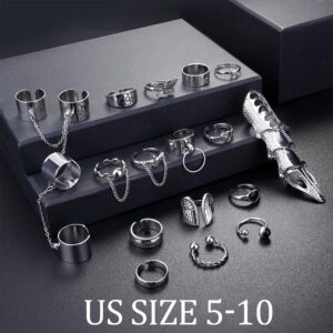 ZELORES 16Pcs Vintage Silver Knuckle Rings for Men Women Adjustable Open Chain Finger Rings Y2K Gothic Punk Stackable Ring Set