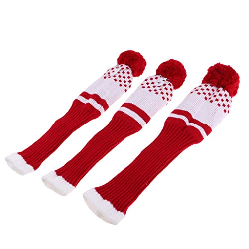 pistro 3Pcs Pom Pom Knit Headcover Long Neck Driver Fairway Woods Head Cover - Red