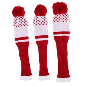 pistro 3Pcs Pom Pom Knit Headcover Long Neck Driver Fairway Woods Head Cover - Red