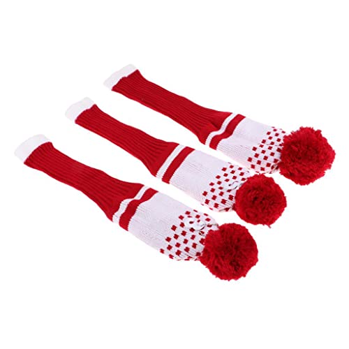 pistro 3Pcs Pom Pom Knit Headcover Long Neck Driver Fairway Woods Head Cover - Red