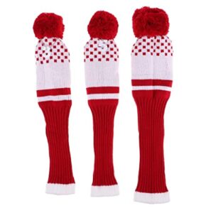 pistro 3pcs pom pom knit headcover long neck driver fairway woods head cover - red