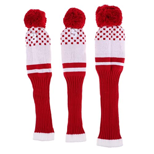 pistro 3Pcs Pom Pom Knit Headcover Long Neck Driver Fairway Woods Head Cover - Red