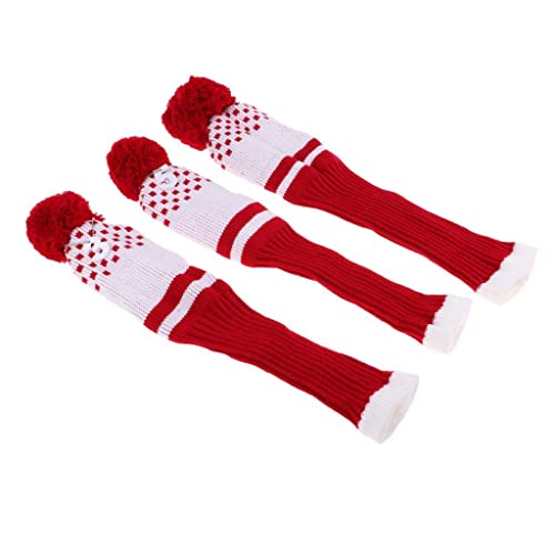 pistro 3Pcs Pom Pom Knit Headcover Long Neck Driver Fairway Woods Head Cover - Red